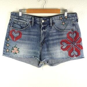 Lucky Brand Mid Rise Boyfriend Denim Shorts 12/31 Floral Heart Embroidery